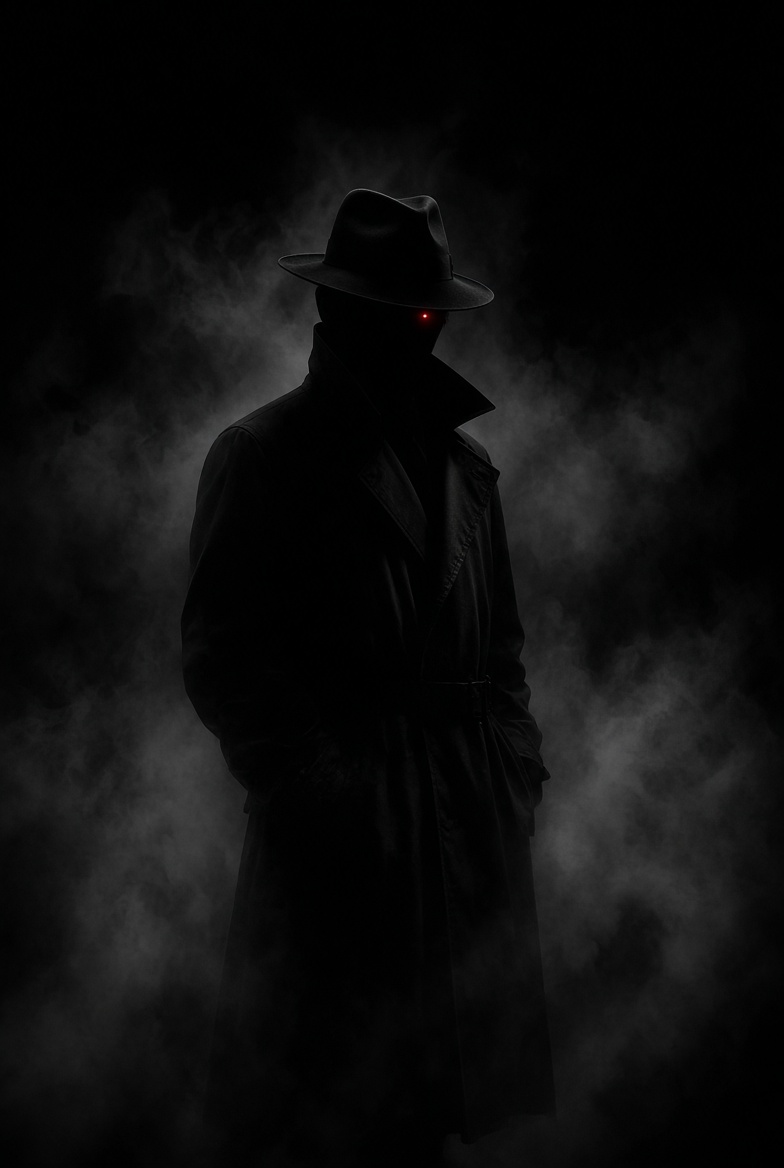 Anonymous detective silhouette with glowing red eye in the fog